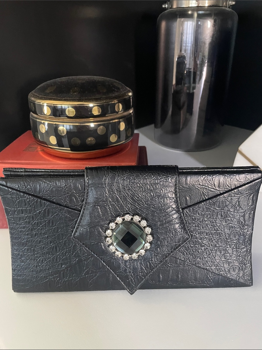Elegant Black Women's Clutch and weistlet with Jewel Accent